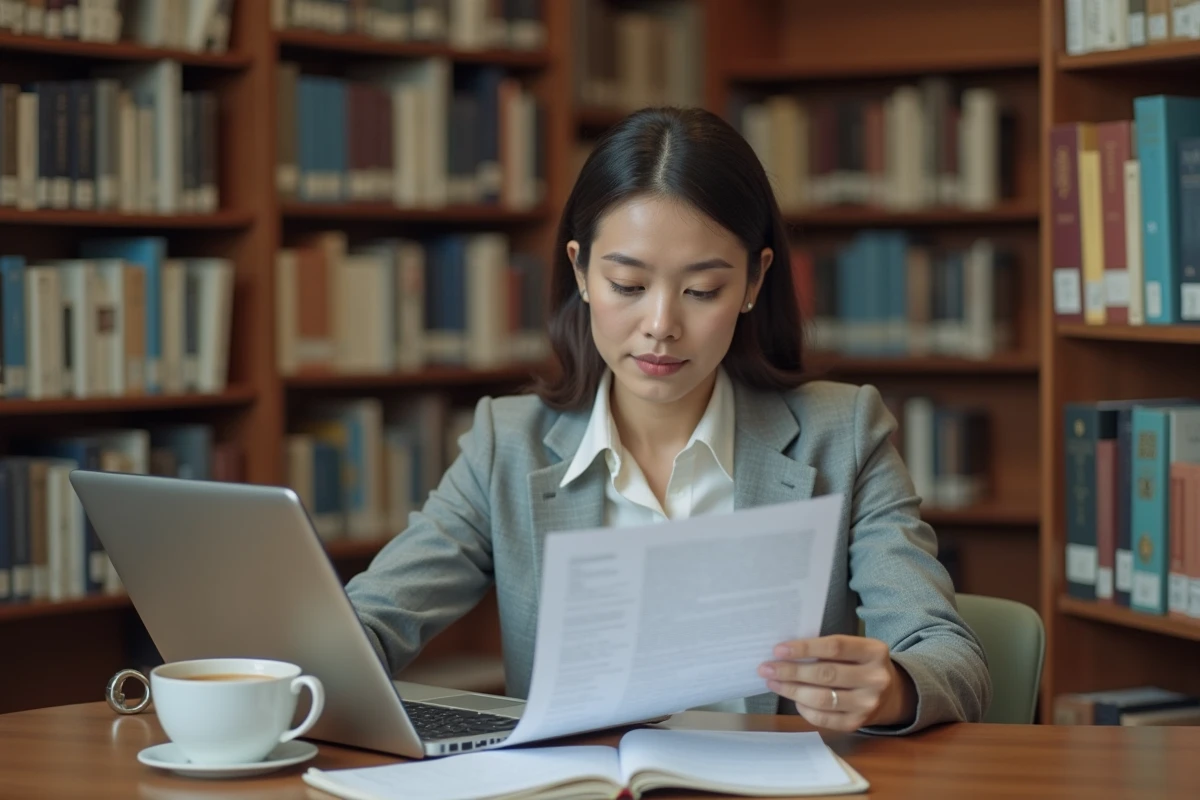 Femme consultant des documents pour personnaliser sa lettre de motivation pour une école d'auxiliaire de puériculture