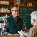 Pharmacien rural conseillant une cliente âgée avec des vitamines
