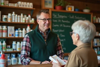 Pharmacien rural conseillant une cliente âgée avec des vitamines
