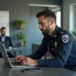 Un policier en uniforme suit une formation en ligne sur eCampus Poli depuis son poste de travail