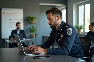 Un policier en uniforme suit une formation en ligne sur eCampus Poli depuis son poste de travail