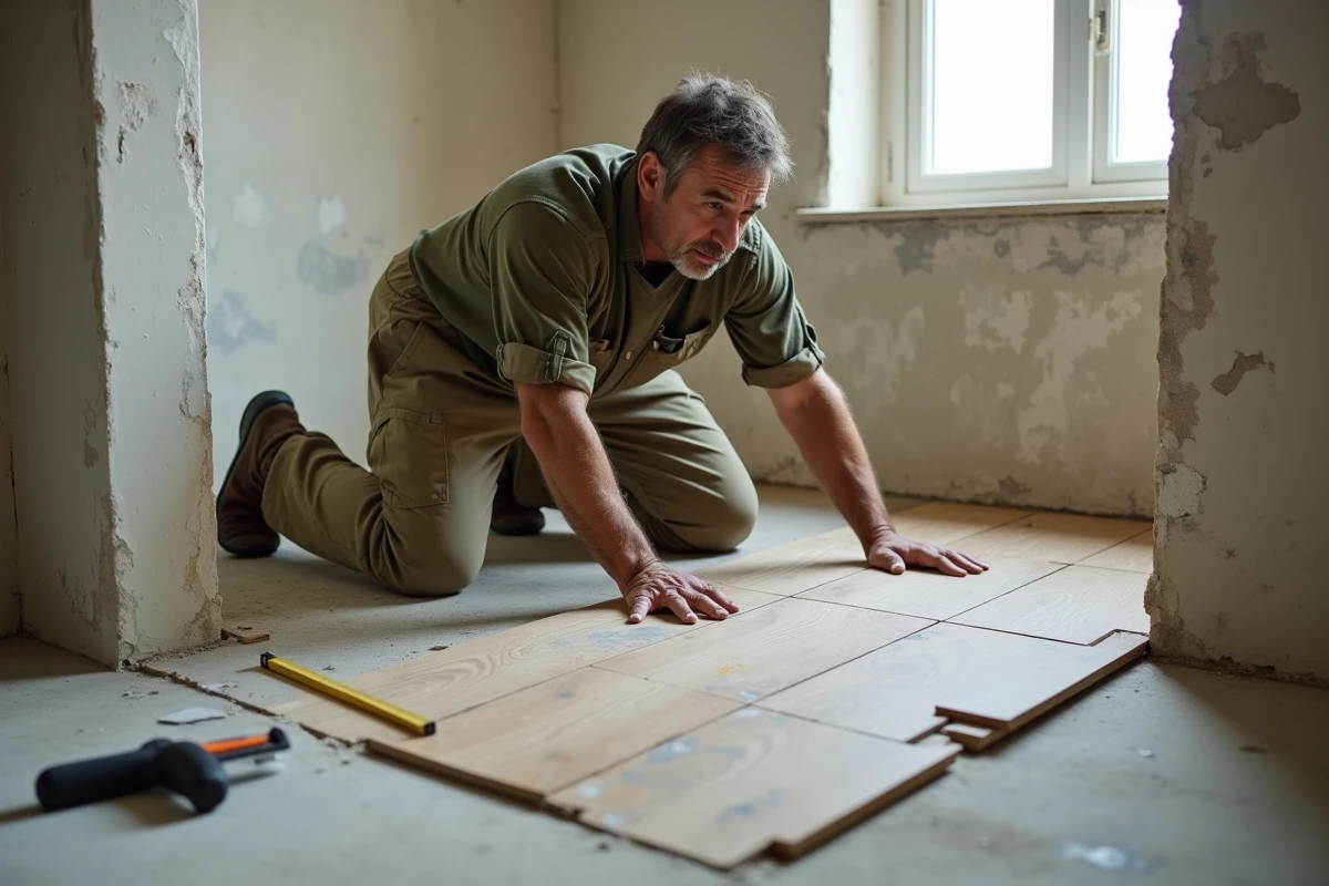 Homme posant un sol vinyle stratifié dans une cuisine en rénovation, projet bricolage DIY économique