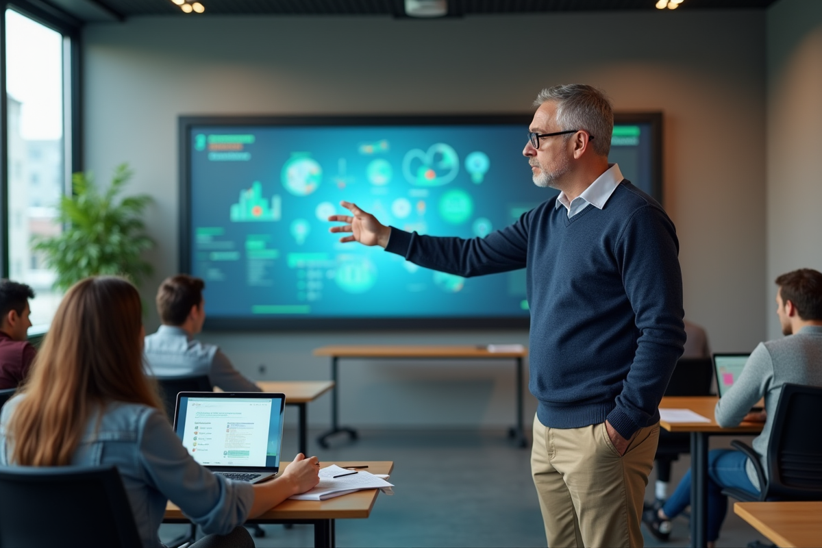 Prof universitaire avec étudiants lors d’un cours interactif