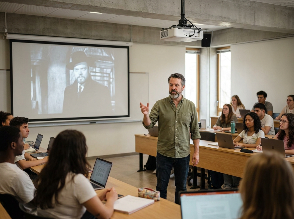 Professeur de cinéma donnant un cours magistral devant des étudiants dans une salle de classe d'école de cinéma