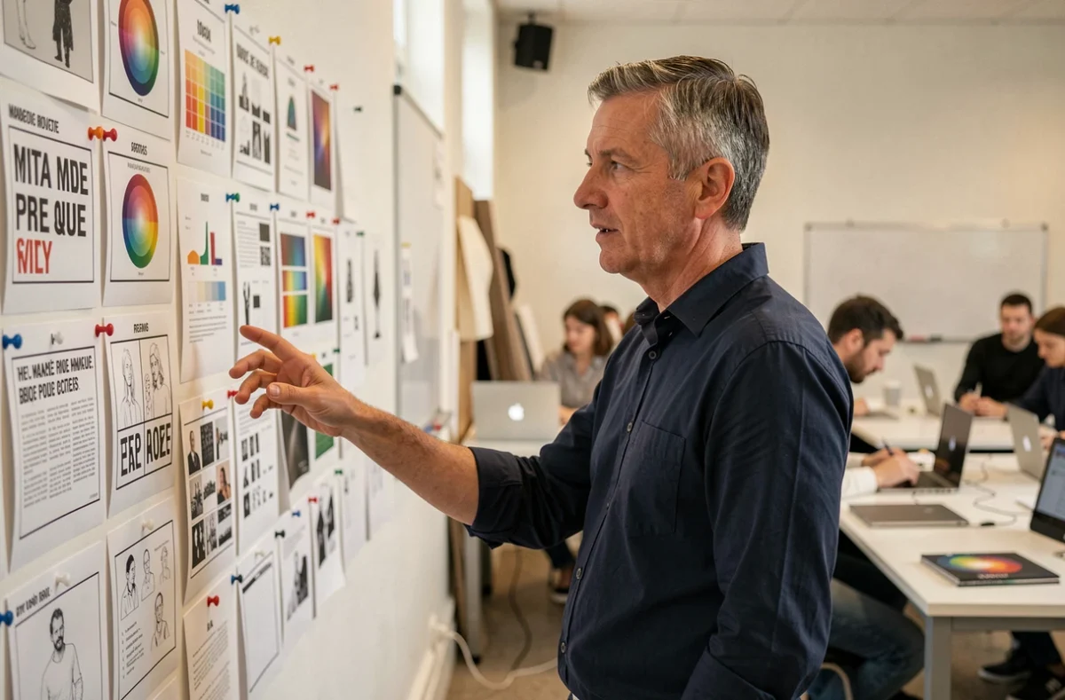 Professeur de design graphique à l'école Gobelins présentant des storyboards et des études de composition devant une salle de classe d'étudiants