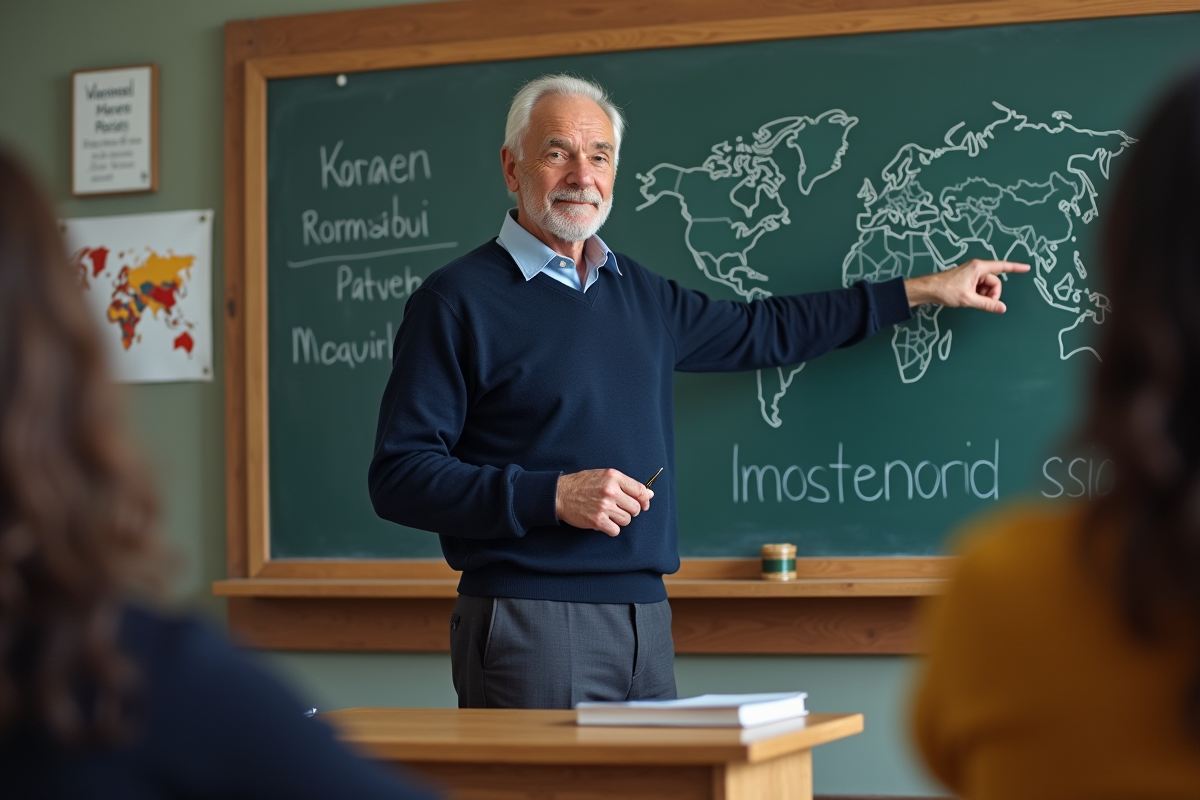 Homme plus âgé enseignant des mots étrangers au tableau