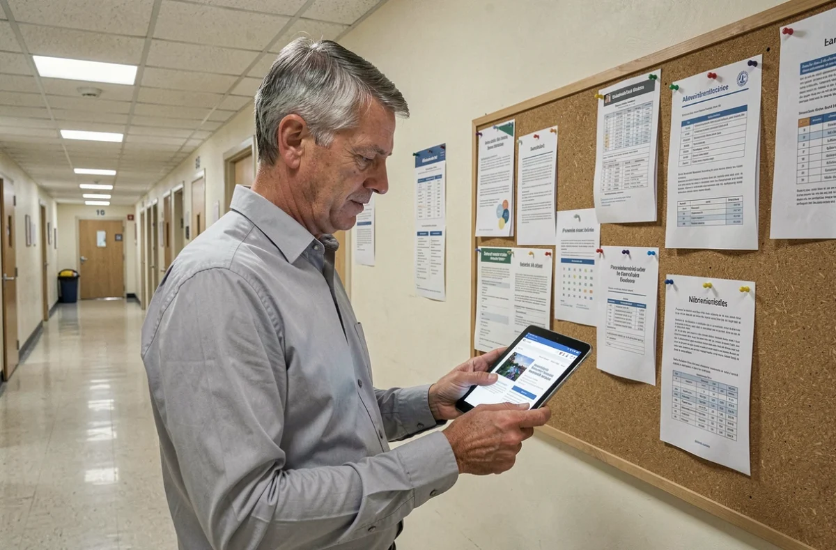 Professeur consultant le portail IProf Versailles sur une tablette dans un couloir d'établissement scolaire