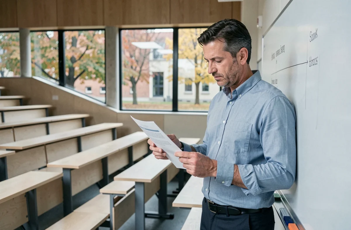 Professeur d'université à Angers préparant les nouveaux emplois du temps de la rentrée 2026 dans un amphithéâtre moderne