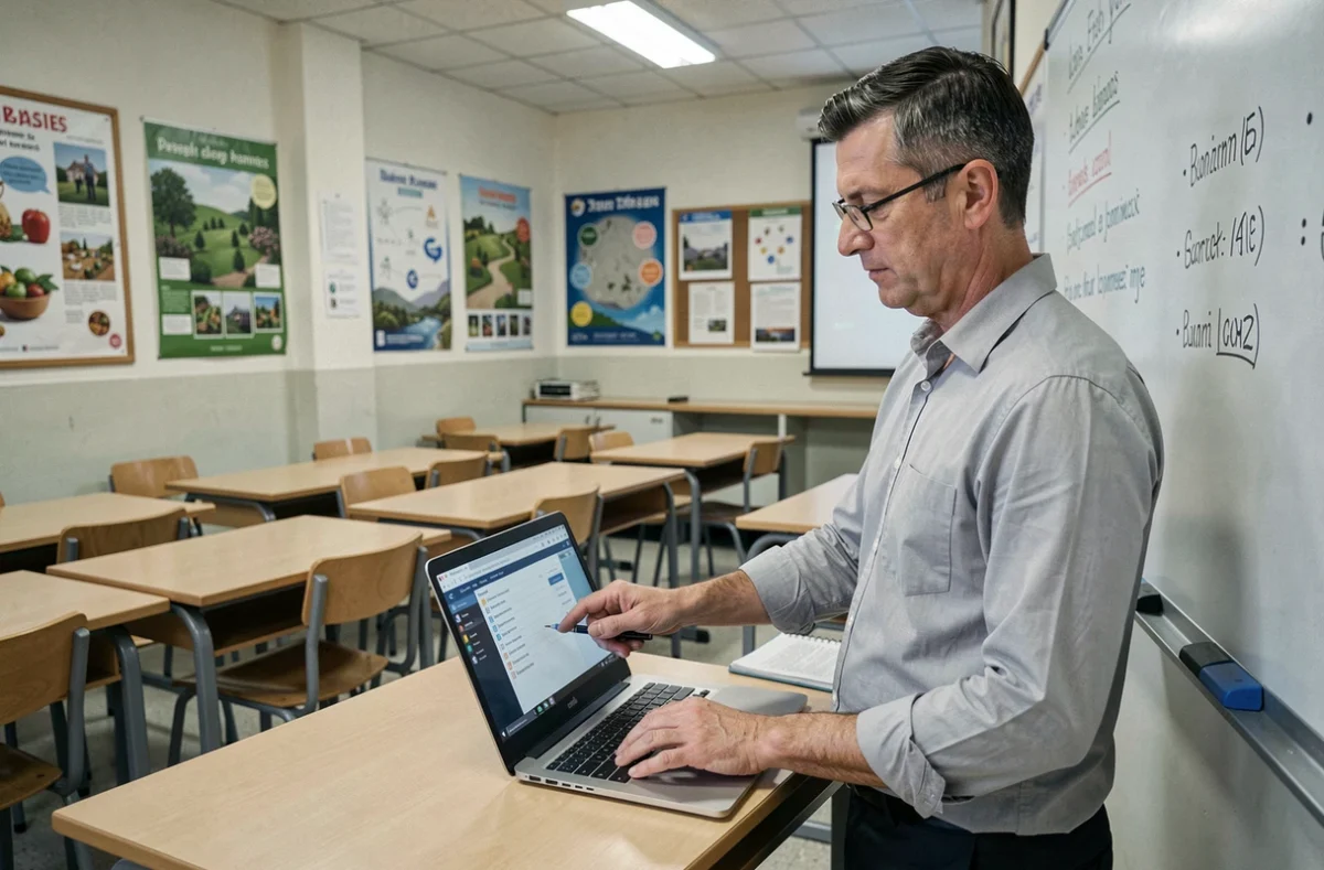 Professeur saisissant les devoirs et notes élèves sur le logiciel NÉO dans une salle de classe