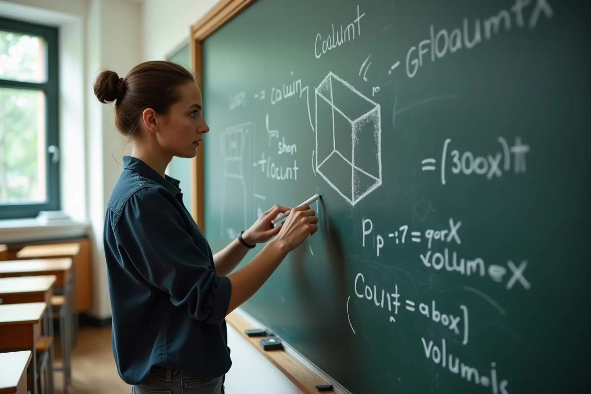 Professeure de mathématiques devant un tableau avec des formules de volume de cube écrites à la craie