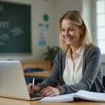 Professeure souriante dans une salle de classe moderne