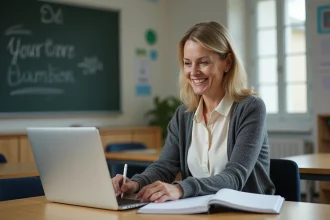 Professeure souriante dans une salle de classe moderne