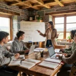 Session de cours particuliers en Bretagne avec un groupe d'étudiants autour d'une table en bois dans une pièce aux murs de granit breton