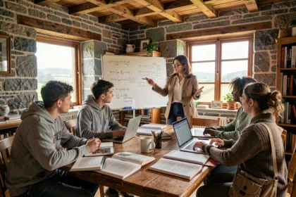 Session de cours particuliers en Bretagne avec un groupe d'étudiants autour d'une table en bois dans une pièce aux murs de granit breton