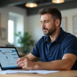 Professionnel du BTP consultant ses documents de formation CPF et validation des acquis sur une tablette dans un centre de formation