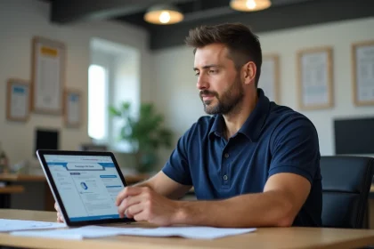 Professionnel du BTP consultant ses documents de formation CPF et validation des acquis sur une tablette dans un centre de formation