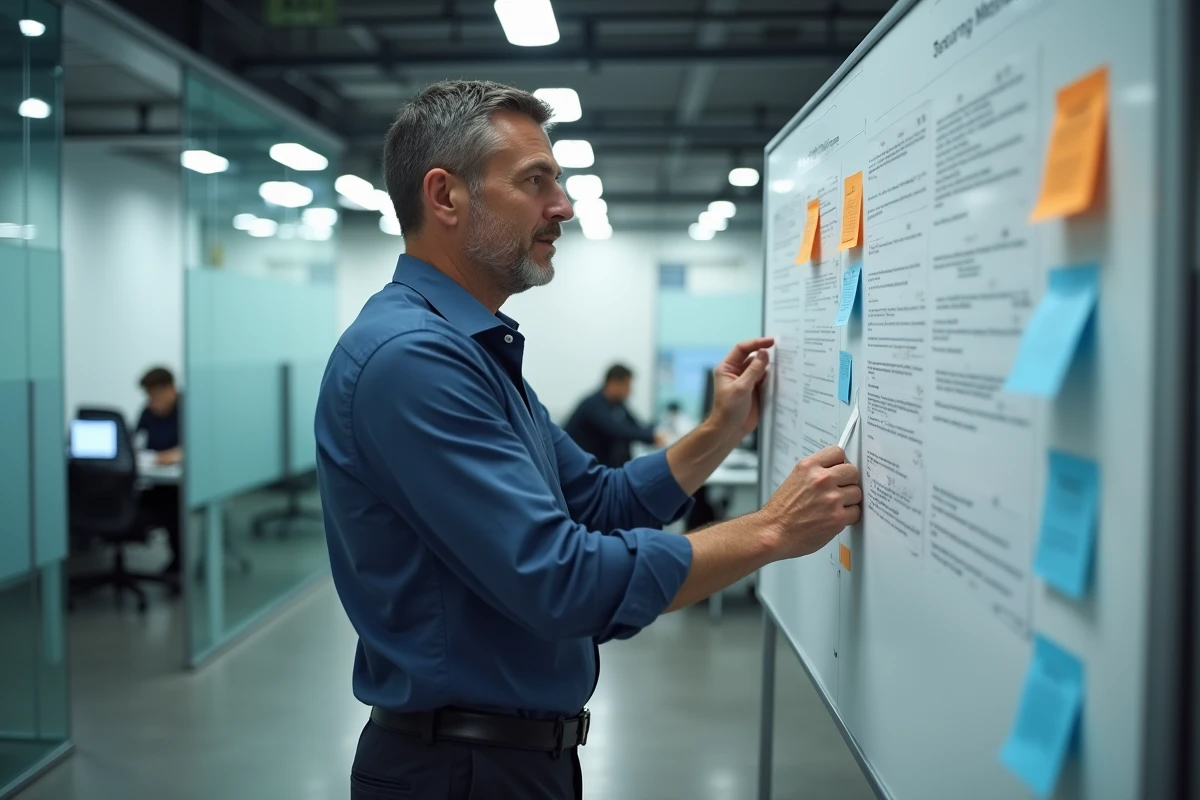 Professionnel organisant ses tâches administratives sur un tableau blanc dans un bureau moderne en région parisienne