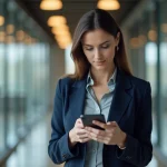 Professionnelle consultant l'extranet PSB sur son smartphone dans un couloir de bureau moderne