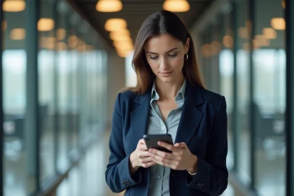 Professionnelle consultant l'extranet PSB sur son smartphone dans un couloir de bureau moderne