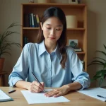 Jeune femme rédigeant une lettre de motivation pour une formation d'auxiliaire de puériculture à son bureau