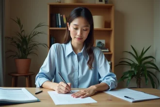 Jeune femme rédigeant une lettre de motivation pour une formation d'auxiliaire de puériculture à son bureau