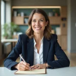 Femme professionnelle rédigeant une lettre de recommandation en anglais dans un bureau moderne
