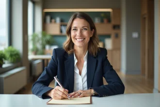 Femme professionnelle rédigeant une lettre de recommandation en anglais dans un bureau moderne
