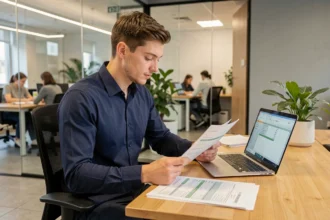 Jeune apprenti consultant sa grille de rémunération de contrat d'apprentissage 2026 dans un centre de formation moderne