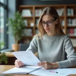 Femme adulte en reprise d'études consultant des documents administratifs universitaires liés à la CVEC