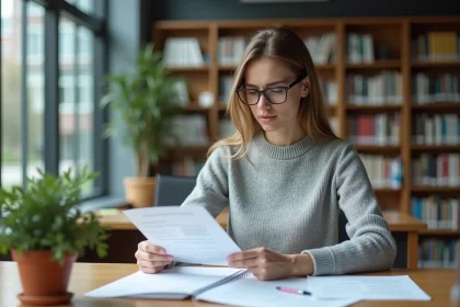 Femme adulte en reprise d'études consultant des documents administratifs universitaires liés à la CVEC