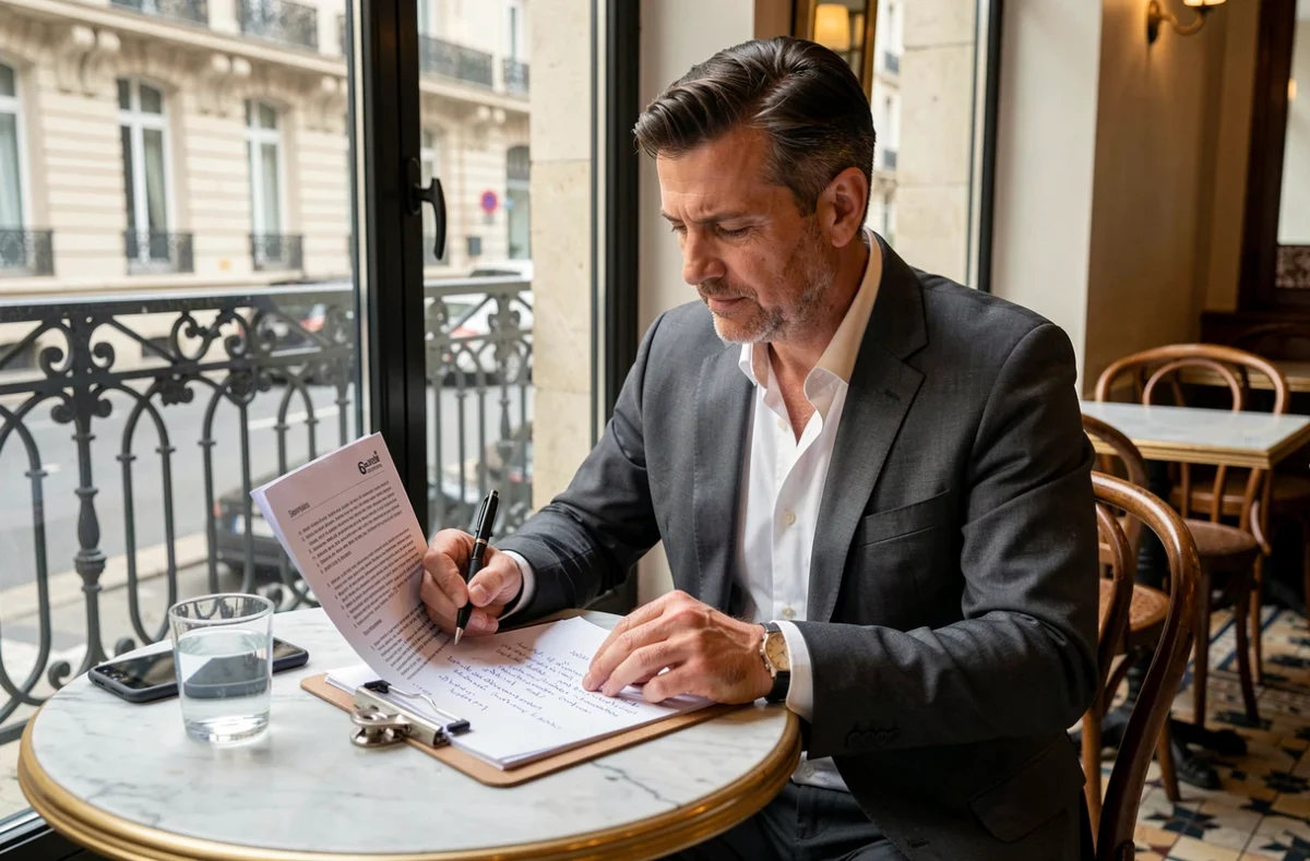 Professionnel analysant ses retours d'expérience après un séminaire de formation digitale dans un café parisien