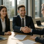 Photo hyperrealiste d'un jeune couple en affaires serrant la main d'un employeur dans un bureau moderne