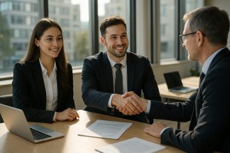 Photo hyperrealiste d'un jeune couple en affaires serrant la main d'un employeur dans un bureau moderne