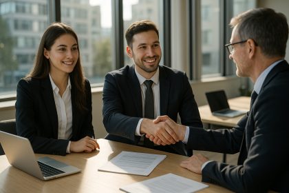 Photo hyperrealiste d'un jeune couple en affaires serrant la main d'un employeur dans un bureau moderne