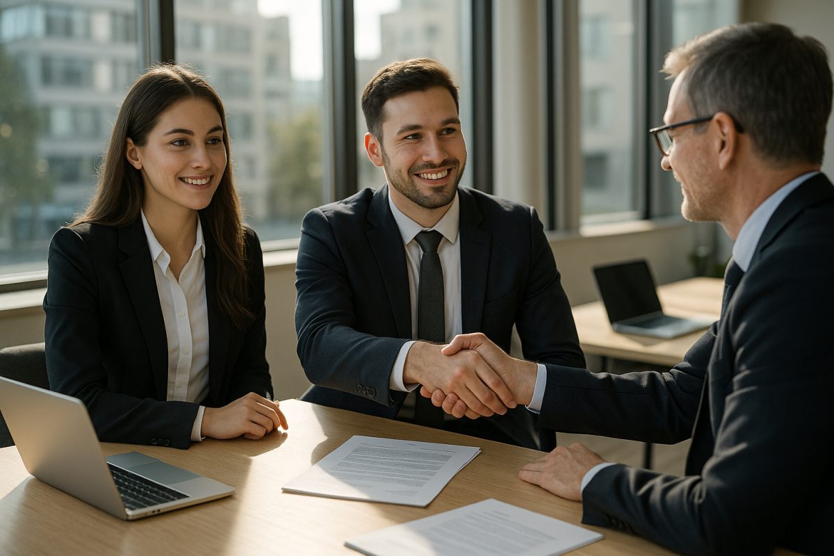 Photo hyperrealiste d'un jeune couple en affaires serrant la main d'un employeur dans un bureau moderne