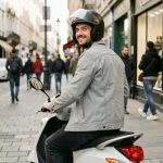 Jeune homme en veste grise sur un scooter 125 cm3 dans une rue urbaine européenne, illustrant la mobilité accessible sans permis moto A2