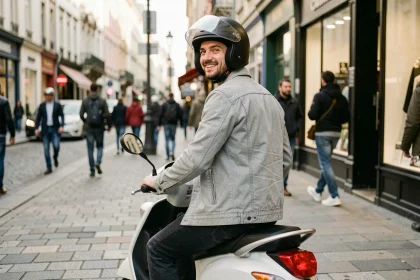 Jeune homme en veste grise sur un scooter 125 cm3 dans une rue urbaine européenne, illustrant la mobilité accessible sans permis moto A2