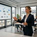 Professionnelle présentant une formation digitale lors d'un séminaire à Paris devant des participants attentifs