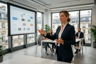 Professionnelle présentant une formation digitale lors d'un séminaire à Paris devant des participants attentifs