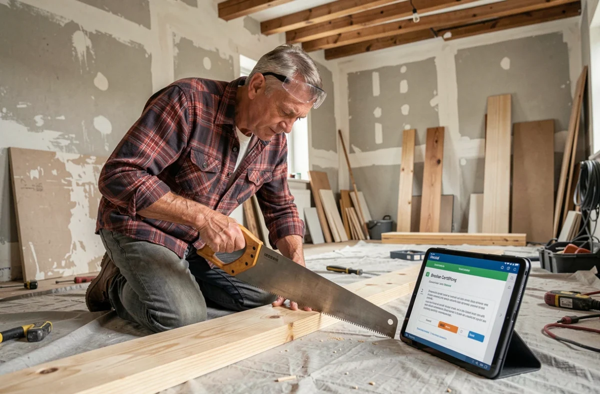 Homme senior appliquant les techniques apprises dans une formation bricolage certifiante lors d'une rénovation intérieure