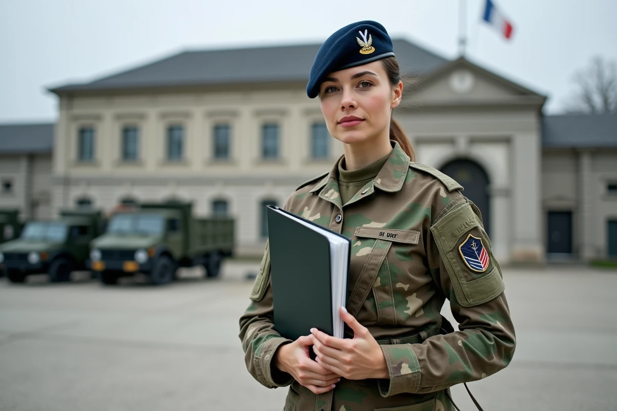Sergente de l'armée de Terre en tenue camouflage avec galons de grade devant un bâtiment militaire