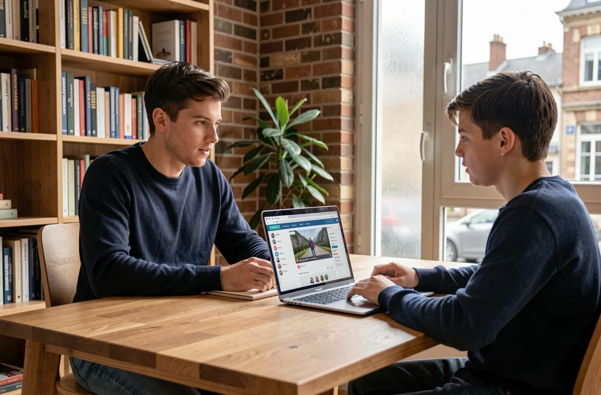 Tuteur des Sherpas en cours particulier avec un élève breton devant une plateforme numérique de cours à domicile