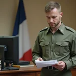 Sous-officier de l'armée de Terre en uniforme consultant ses documents de solde dans un bureau militaire