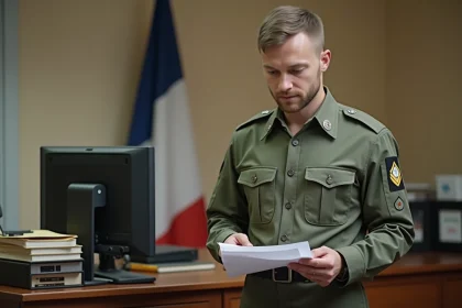 Sous-officier de l'armée de Terre en uniforme consultant ses documents de solde dans un bureau militaire
