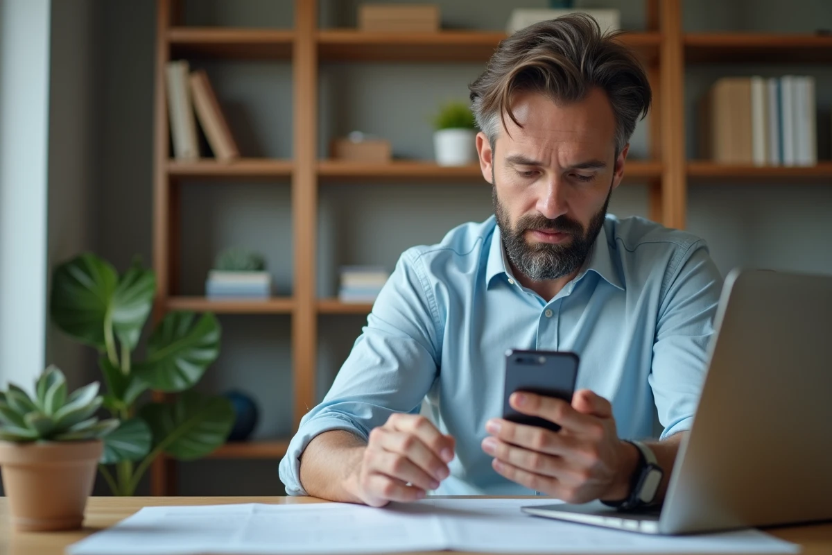 Homme en télétravail consultant des ressources professionnelles sur l'extranet PSB via smartphone