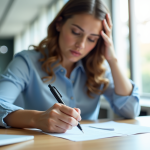 Employe sérieux écrivant une note d'absence au bureau