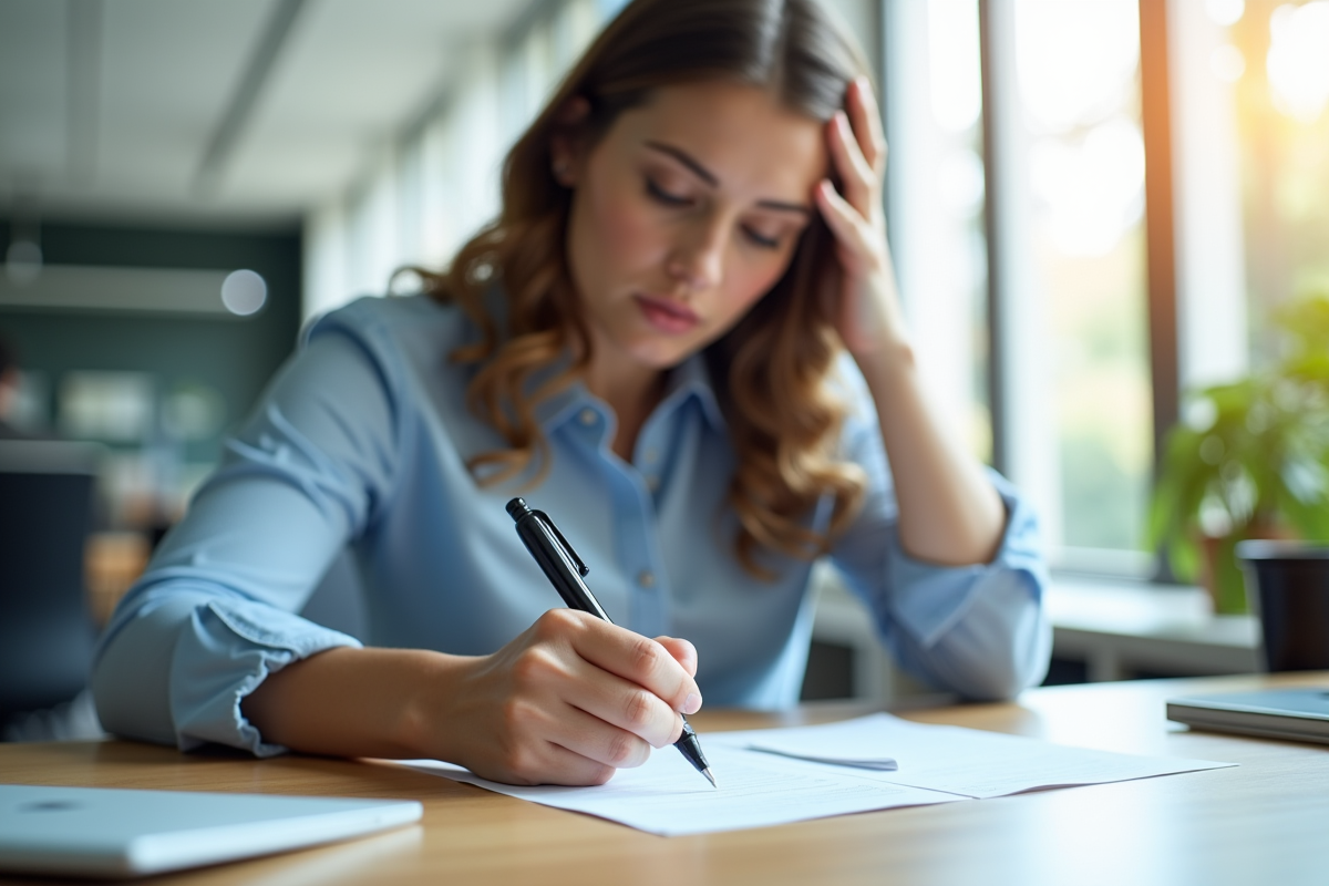 Employe sérieux écrivant une note d'absence au bureau